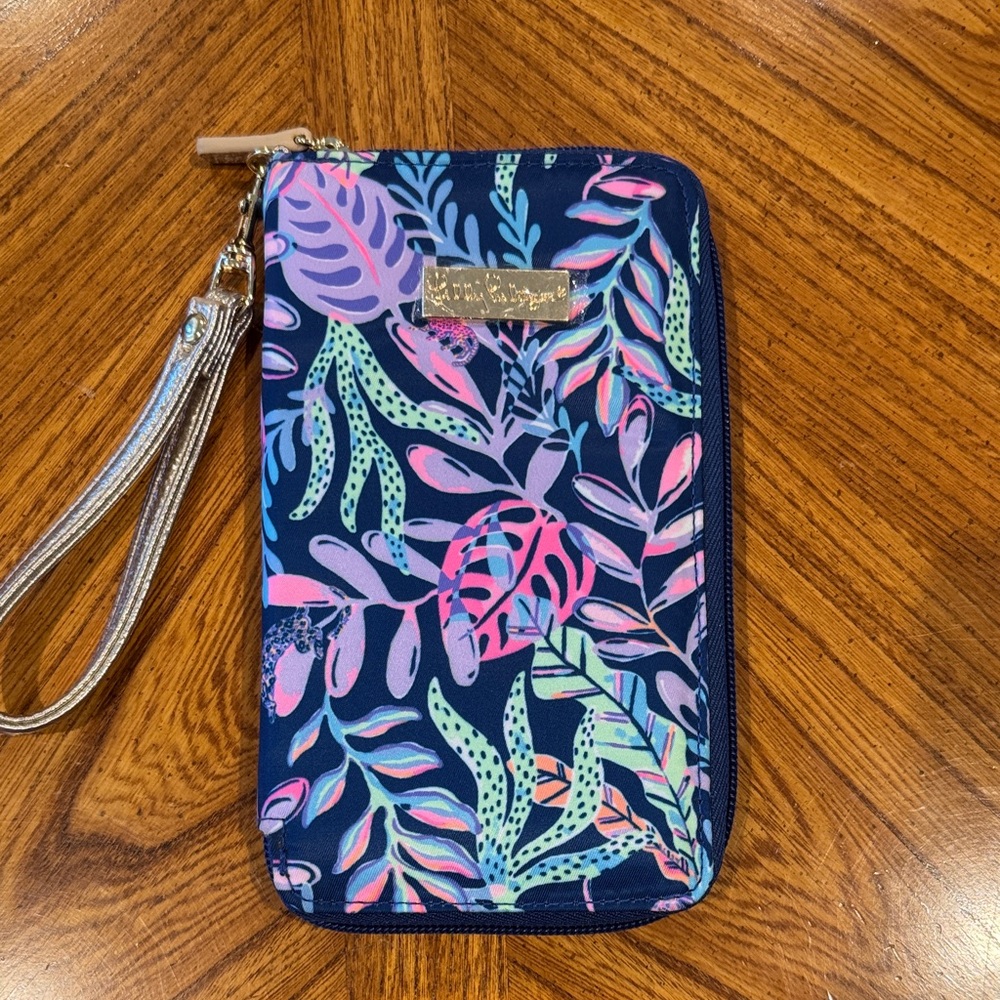 Lilly Pulitzer Blue and Pink Leaf Print Wristlet